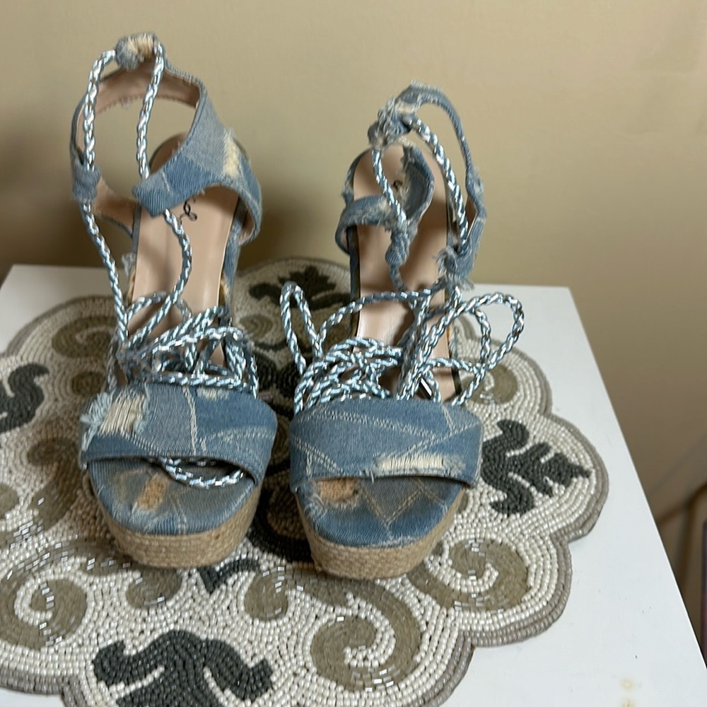 Denim tie up wedge heels